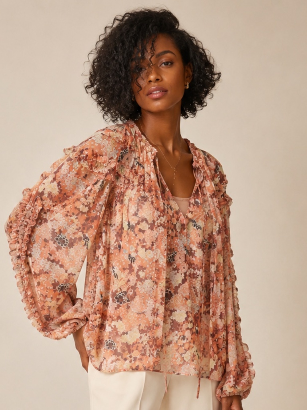 Ulla Johnson | Silk Peach Floral Blouse | Size Small